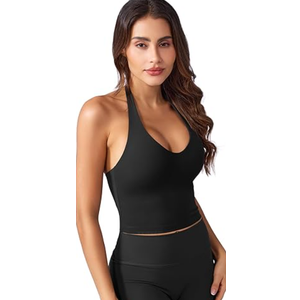 YEOREO Women's Halter Crop Top V Neck Workout Going Out Tank Top Hazel Padded Sleeveless Backless Trendy Summer Camisole (Medium, Black)