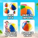 Bedwina 4-Pcs Assorted Inflatable Beach Balls - Rainbow Beach Balls for Kids in 6", 12", 16", 24" Sizes - Colorful Blow Up Pool Toys for Beach Games, Summer Party Decor & Outdoor Fun