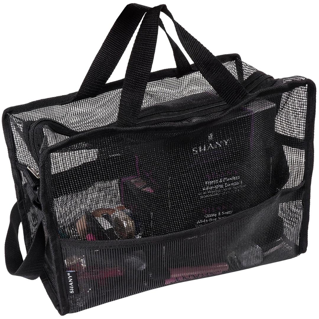 SHANY Collapsible Makeup Tools Travel Mesh Bag  Large See-Thru Travel Tote with Shoulder Straps  Water-Resistant with Zippered Pockets  Black