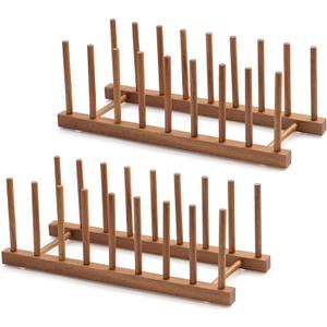 HBlife 2pcs Acacia Wooden Dish Dying Rack Pot Lid Plate Organizer Holder for Cabinet, Cutting Board Stand Drainer Storage Plate Rack for Dish, Pot Lid, Bowl, Cup, Cutting Board and Books