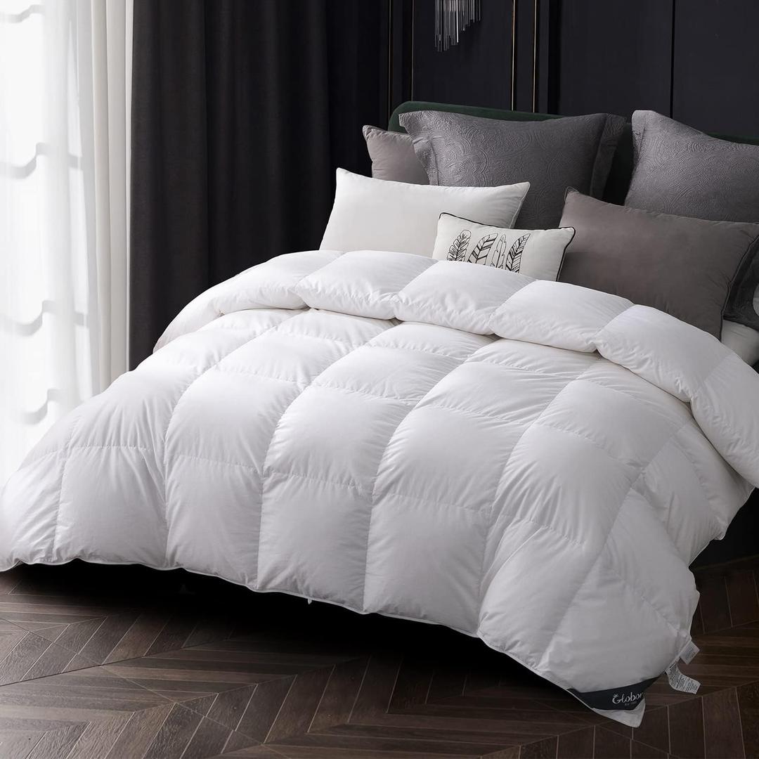 Globon Goose Down Comforter Queen Size, 800 Fill Power All Seasons Luxury Duvet Insert, Soft 420 Thread Count Noiseless Shell, Medium Weight with 8 Corner Tabs,White