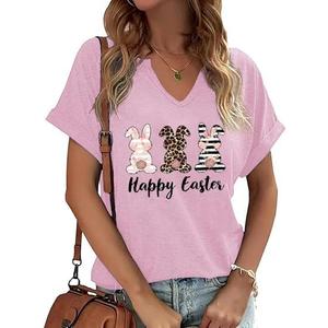 Ovazly Easter V Neck Shirts for Women Happy Easter Bunny with Glasses Blouse Casual Graphic Spring Colorful Tops Tee (Medium)