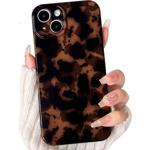 NITITOP Compatible for iPhone 14 Plus / 15 Plus Case Cute Stylish Leopard Print Brown Amber Aesthetic Design for Women Girls Men Soft TPU Shockproof Protective Cover - Black