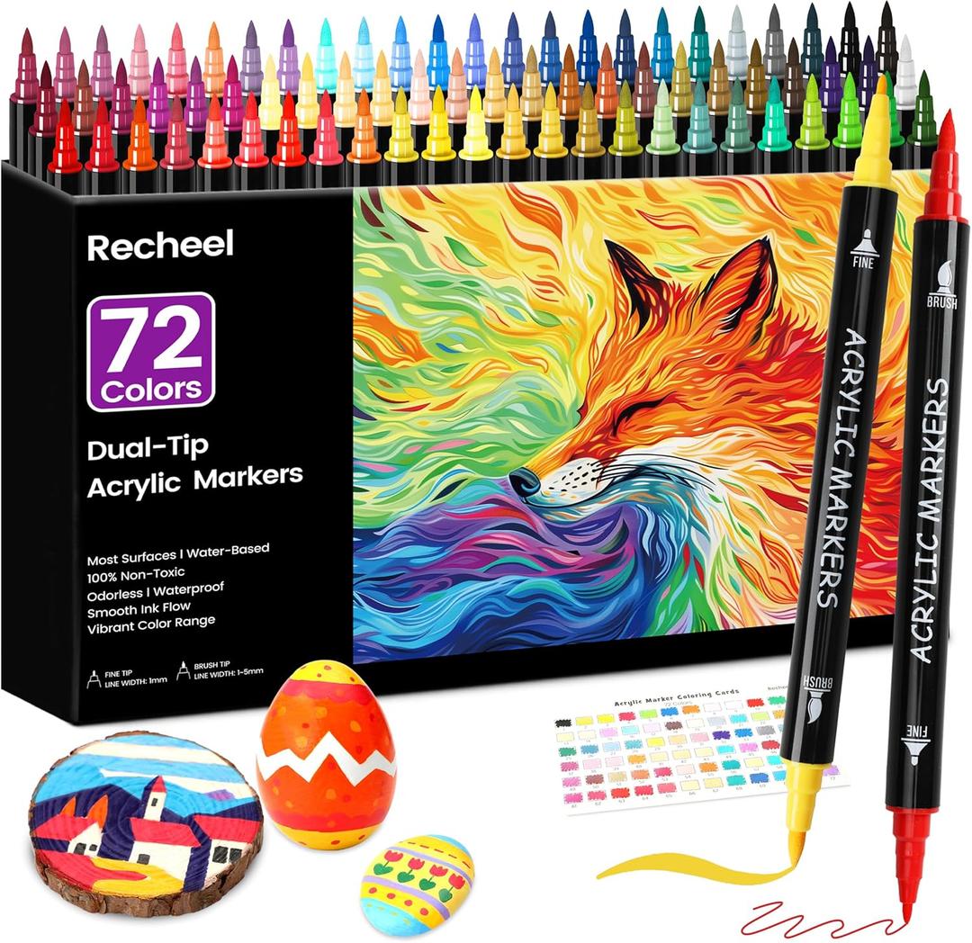 Recheel 72 Colors Acrylic Paint Markers, Dual Tip with Fine Tip and Brush Tip Pens for Stone, Wood, Canvas, Glass, Ceramic, Metal, Rock, Fabric, DIY Art Projects