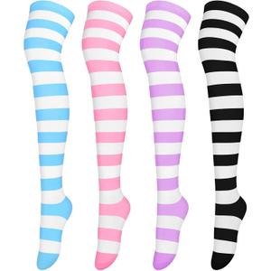 Aneco 4 Pairs Over Knee High Stripe Socks Halloween Cosplay Accessories Thigh High Socks for Adult Woman Girls (One Size, Mixed Colors B)