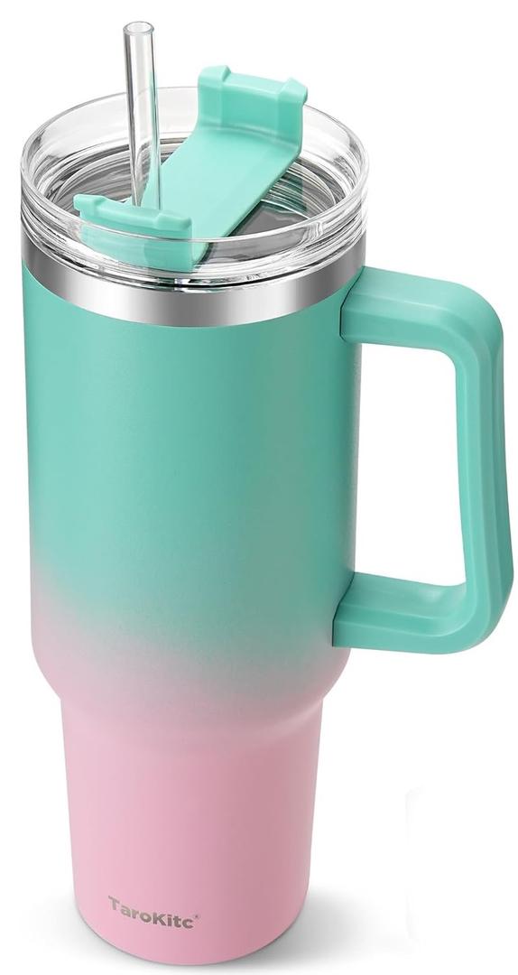 TaroKitc 40 oz Tumbler with Handle | Stainless Steel Insulated Travel Mug Iced Coffee Cup with Lids and Straw | Keeps Cold for 34 Hours | Dishwasher Safe, BPA Free | Macaron