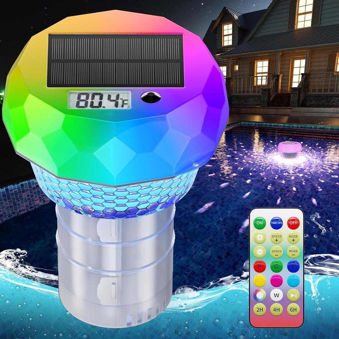 GORDNWE Solar Pool Chlorine Floater with Thermometer: Floating Chlorine Dispenser for Pool Remote-Control Pool Light Waterproof for Outdoor Swimming Above Ground Pool Hot Tub Spa Party