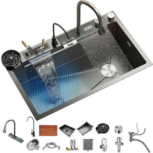 Kitchen Sink 304 Stainless Steel Single Bowl Kitchen Sinks, Digital Display Waterfall Sink, With Pull Down Sprayhead Faucet, With Pressurized Cup Washer and Two Waterfalls (31.5 x 18.1 inch) (Black)