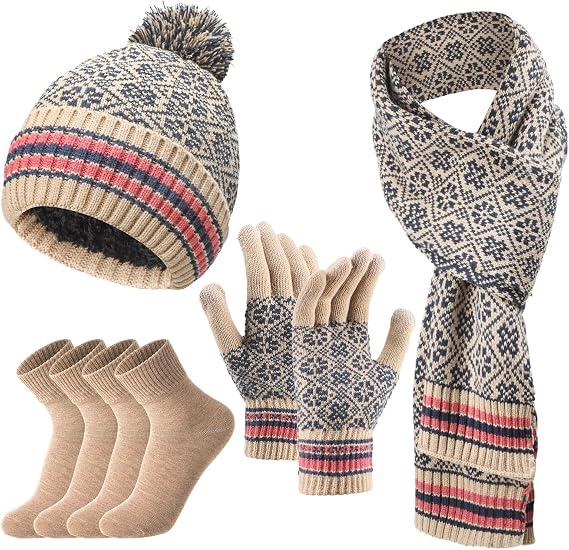 Tarpop 5 in 1 Women Knitted Beanie Hat Scarf Gloves Socks Winter Soft Warm Set Thickened Lining Cap Touchscreen Gloves