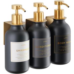 Shower Shampoo Dispenser Wall Mounted 3 Refillable 16.9 oz Black Bottles with Stainless Steel Pumps & No-Drill Adhesive Holders Soap Dispenser Set for Bathroom (3 X Black/Gold)