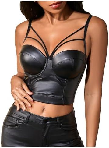 OYOANGLE Women's Pu Leather Cut Out Camisoles Strappy V Neck Backless Fitted Cami Crop Tops.M