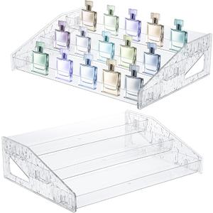 AIHSUMC 2 Pcs Perfume Organizer Stand, 3 Tier Acrylic Display Risers with Decorative Secure Fences, Tool-free Assembly, Clear Acrylic Shelf Risers for Cologne Cosmetic Dessert Cupcake for Countertop
