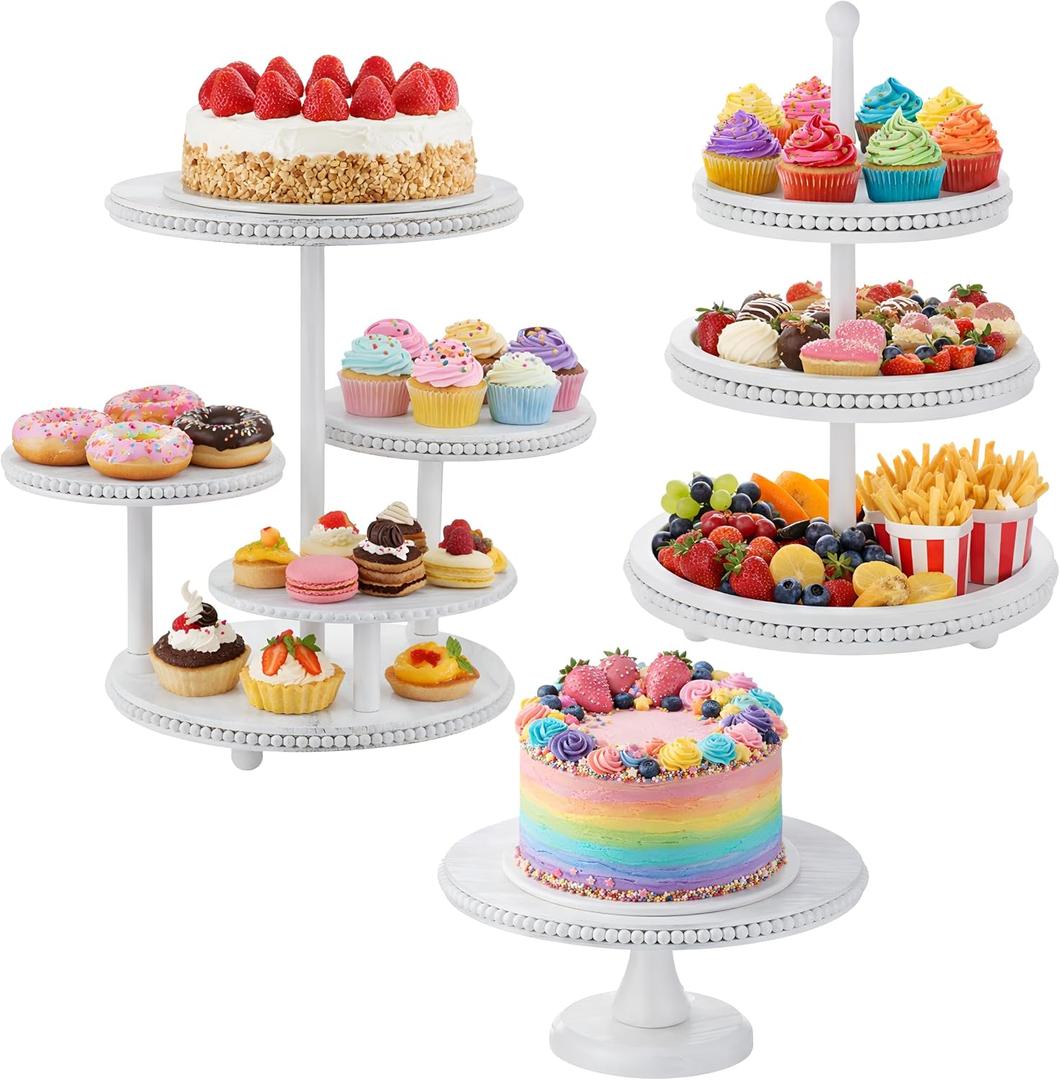 RattanView 3 Pcs Wooden Tiered Cupcake Stand Set Dessert Table Display Rustic White Cake Stand Suitable for Weddings, Birthday, Wedding Anniversaries, Graduation Ceremonies