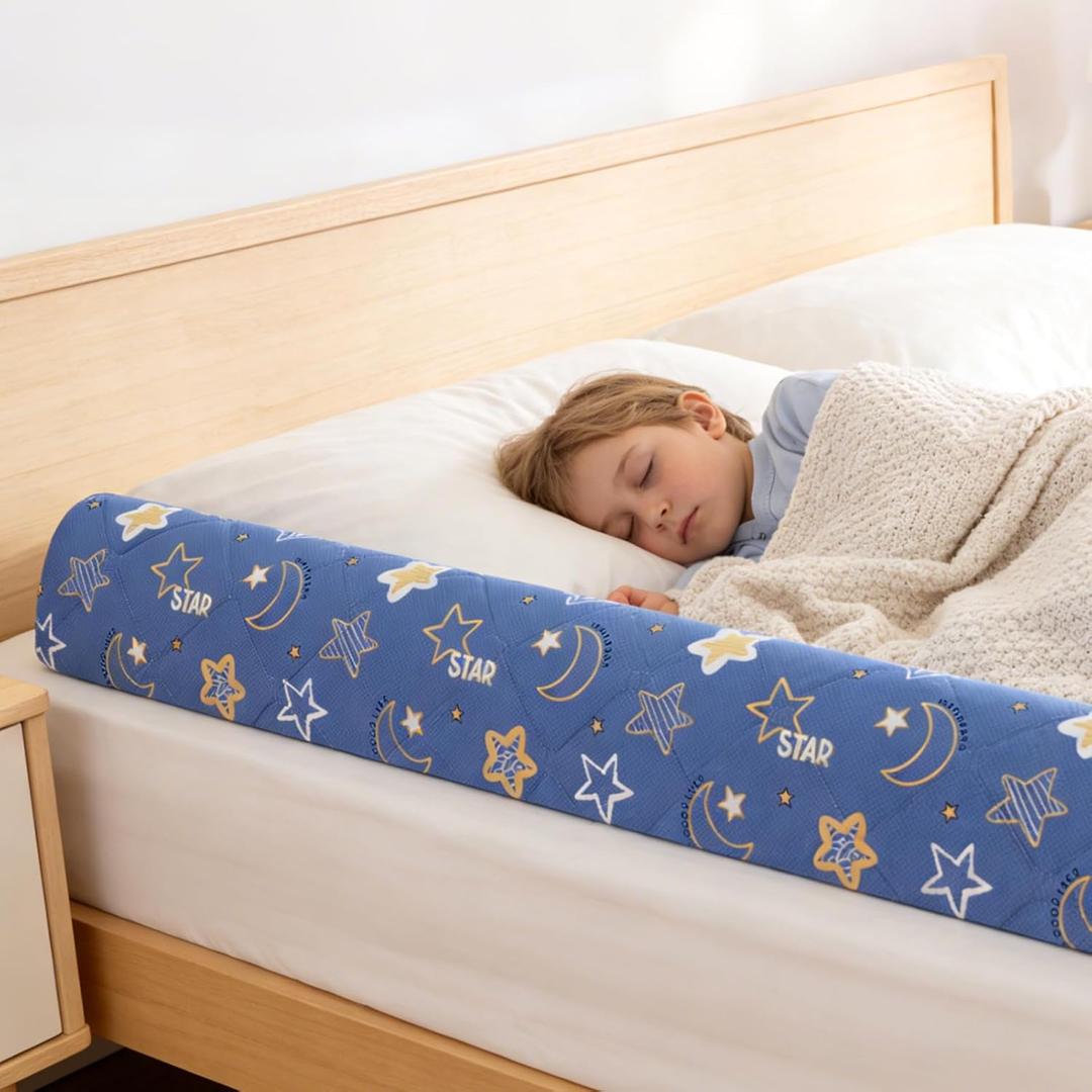 2-Pack Premium Foam Bed Bumpers for Toddler, Non-Slip Bed Rails for Toddlers for Twin, Queen, King Beds, Machine Washable Bumpers Cover for Easy CareSize52" x 7" x 5" (Blue Star)