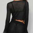 Women's Two Piece Set Mesh Sheer Long Sleeve Tie Front Cover Up Tops Skirts  (Black, L)