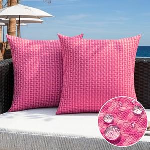 Kevin Textile Outdoor Waterproof Throw Pillow Covers Pack of 2 Valentines Weaving Texture Water Resistant Decorative Cushion Covers for Garden Patio Tent Balcony Bench Couch 16x16 Inch, Hot Pink