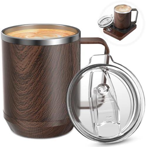 Felibeaco 16oz Heated Coffee Mug with Flat Bottom for Rapid Heating, Stainless Steel Heated Coffee Cup Suitable for Different Coffee Mug Warmer/Heaters, Heated Mug/Cup for Home and Office Desk,Wood, (Only Coffee Cup)
