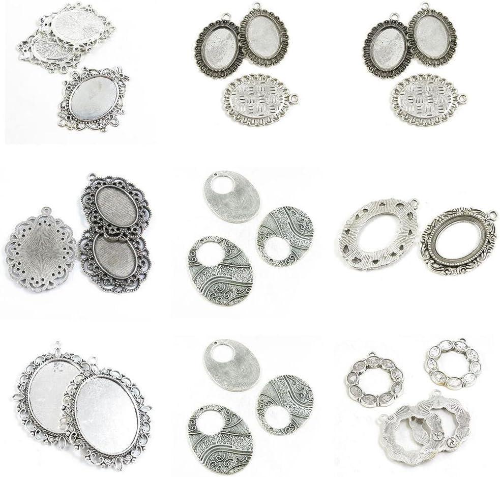 26 Pieces Antique Silver Tone Jewelry Making Charms Oval Cabochon Base Frame Hollow Signs Setting 30x40mm Blank 25x18mm