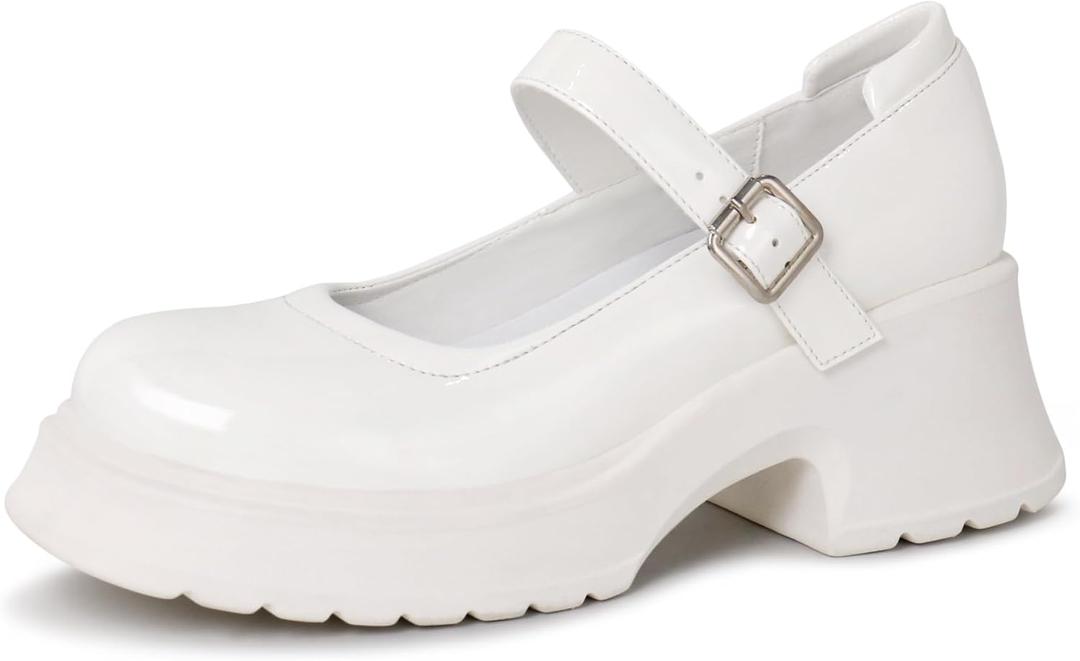 Women's Mary Janes Platform Chunky Block Heels Work Wedding Shoes Ankle Strap Gothic Lolita Oxfords Classic Comfortable Uniform Dress Shoes (7, White)