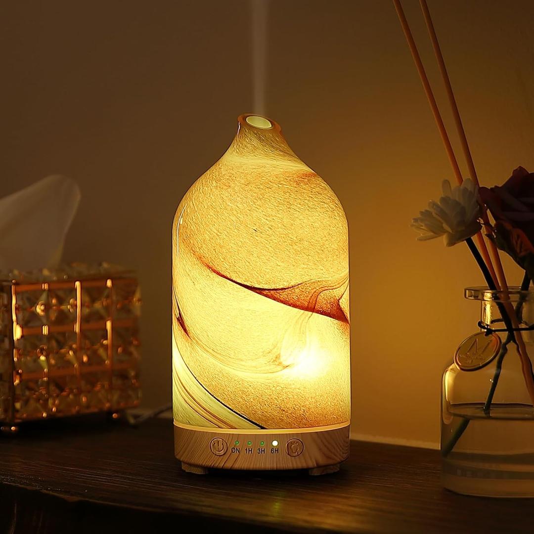 Essential Oil Diffuser Hand Blown Glass Aromatherapy Diffuser - Ultrasonic Cool Mist Scent Aroma Diffuser, Whisper Quiet with Auto Shut-Off, Timer Setting &7 Colors Night Light for Home (Brown Rock)