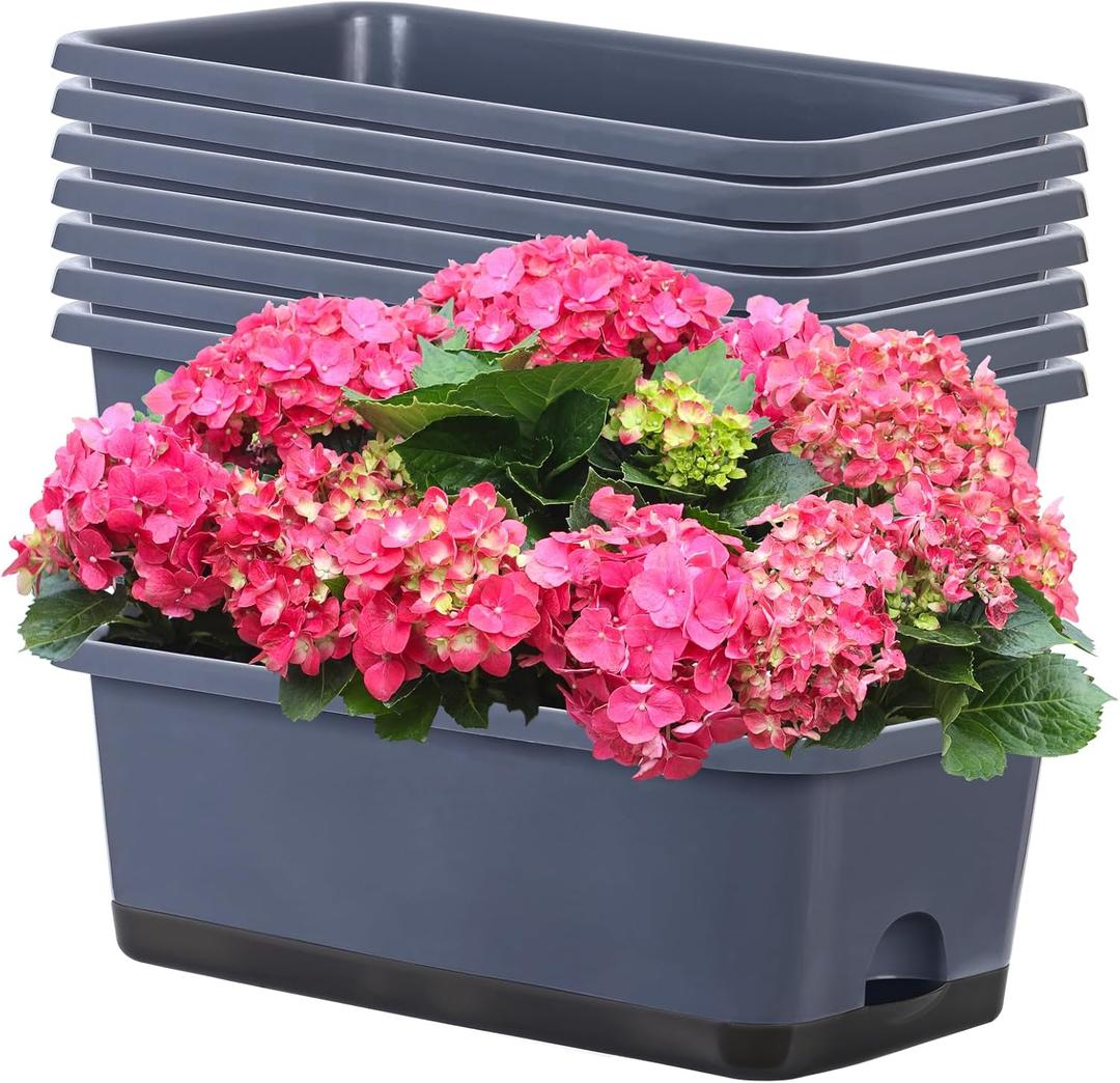 Window Box Planter 8 Pcs, 17 Inches Rectangle Flower Pots with Drainage Holes and Trays, Vegetable Planters for Windowsill Patio Garden Balcony Home Porch Yard Indoor Outdoor (Grey) (Gray)