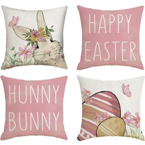 Happy Easter Throw Pillow Covers 18x18 Set of 4, Pink Pillow Cases for Sofa, Spring Eggs Bunny Decorative Pillow Covers, Easter Polyester Linen Cushion Covers for Couch Sofa Outdoor Patio Decor