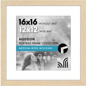 Americanflat 16x16 Picture Frame with Polished Plexiglass - Use as 12x12 Frame with Mat or Display 16x16 Photo Without Mat - Hudson Collection - Wide Square Frames for Wall Display - Natural Oak