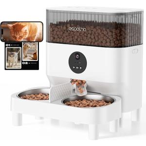 Automatic Cat Feeder for 2 Cats with Camera: Automatic Food Dispenser with Elevated- 2.4G WiFi HD Video and Night Vision| Dual Auto Feeder with 2-Way Audio| Timed Pet Feeders for Multi Cats (White-5L)