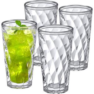 Amazing Abby - Alps - 22-Ounce Insulated Plastic Tumblers (Set of 4), Double-Wall Plastic Drinking Glasses, All-Clear High-Balls, Reusable Cups, BPA-Free, Shatter-Proof, Dishwasher-Safe