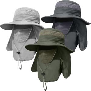 2 x 3 Pack Mens Outdoor Wide Brim Fishing Hat,UPF 50+ Sun Protection Cap with Face Neck Flap for Hiking & Garden