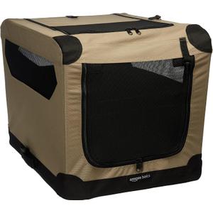 Amazon Basics Portable Folding Soft Dog Crate, 2-Door, Collapsible Travel Kennel, Top & Front Loading, Small 26" x 18" x 18", Tan