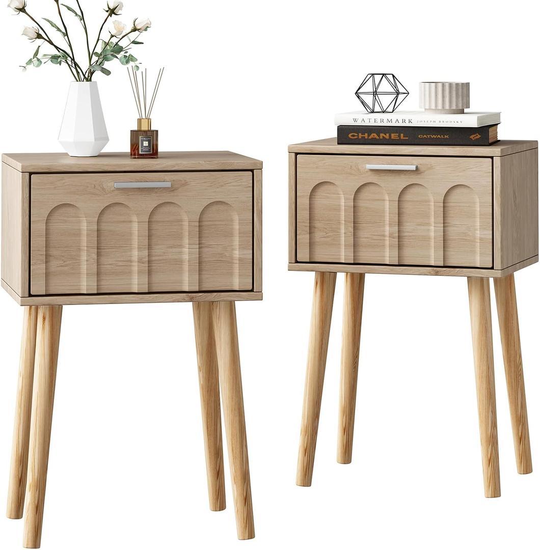 LAATOOREE Nightstand Set of 2, Small Bed Side Table with Arch Door, Mid-Century End Table with Wood Legs for Bedroom, Small Space (Natural)
