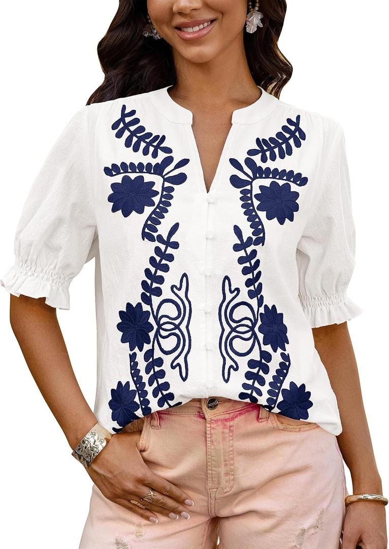 BTFBM Women's 2026 Spring Tops Casual Floral Boho V Neck Puff Short Sleeve Button Down Shirts Embroidered Blouses Tunic (White, S)