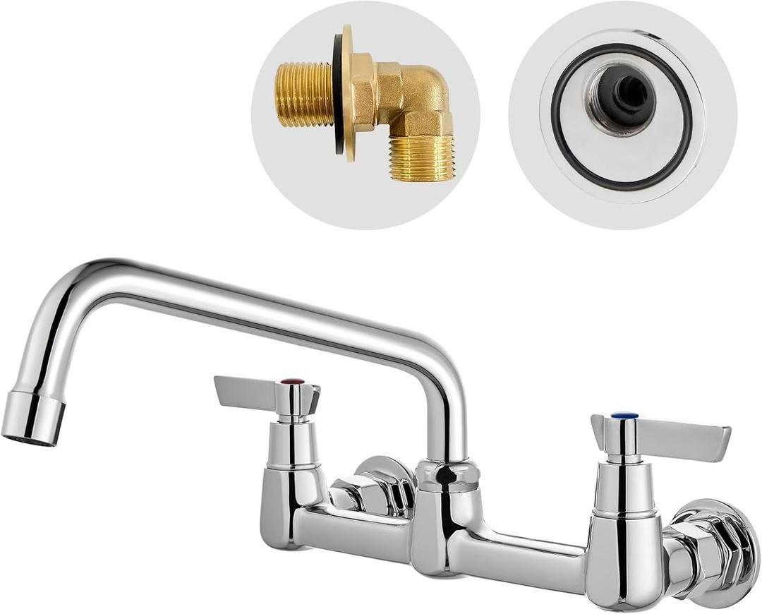 Airuida Wall Mount Utility Kitchen Sink Faucet 2 Handle Wall Mounted Laundry Tap Wall Mounted Sink Faucets 8 Inch Center Commercial Kitchen Faucet Chrome Polish with Adapters 8 Inches Swivel Spout