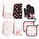 8 Pcs Cute Pink Bow Kitchen Towels and Dishcloths Sets Oven Mitts Pot Holders Set Mother's Day Absorbent Decor Accessories Gloves Potholders Heat Resistant for Chef Baking Cooking Home Gifts