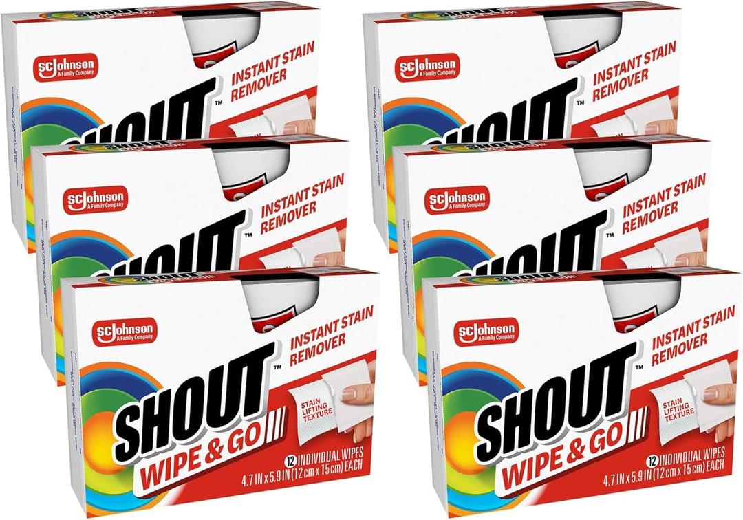 Shout Wipe & Go Instant Stain Remover Wipes, No Wash Required, Safe on Colorfast Washables, Travel & Baby Diaper Bag Essentials, Removes Grass, Coffee, Makeup & More, 12 Wipes (Pack of 6)