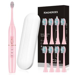 KINGHEROES Electric Toothbrush Set, Comes with 8 Brush Heads & Travel Case,4 Modes with 2 Minutes Built in Smart Timer, One Charge for 60 Days, 42000 VPM Motor (Pink)