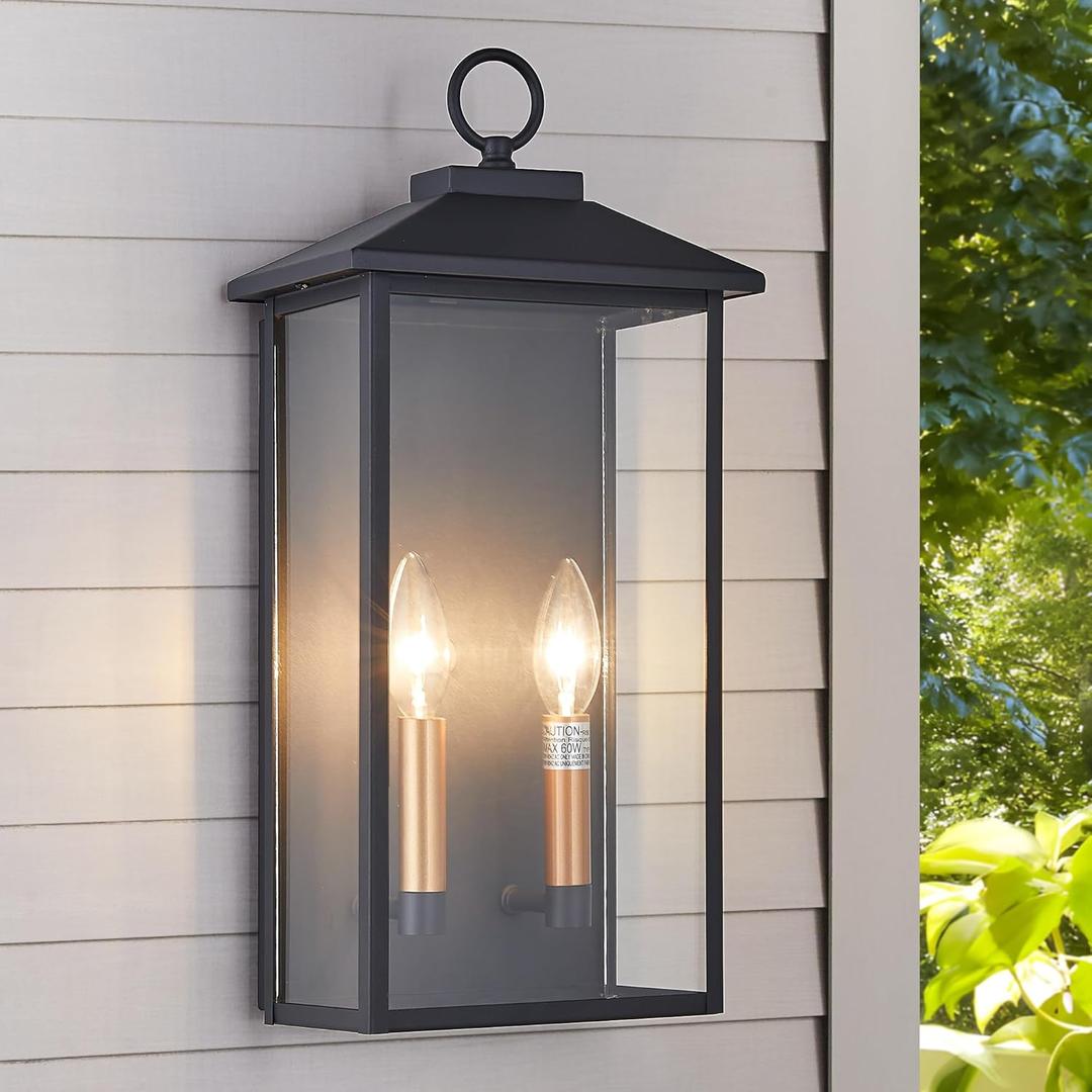 18 Inch Wall Light in Clear Glass and Textured Black and Golden Candle Cap Sleeve,Outdoor Lighting Wall Sconce,2-Light 120watts for House Doorway Garage,Bulb Not Included. (Black 2xE12 (18Inch H))
