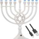 The Dreidel Company Traditional LED Electric White Hanukkah Menorah - Large Size 13-Inches Tall Battery or USB Powered - Includes a Micro USB Charging Cable