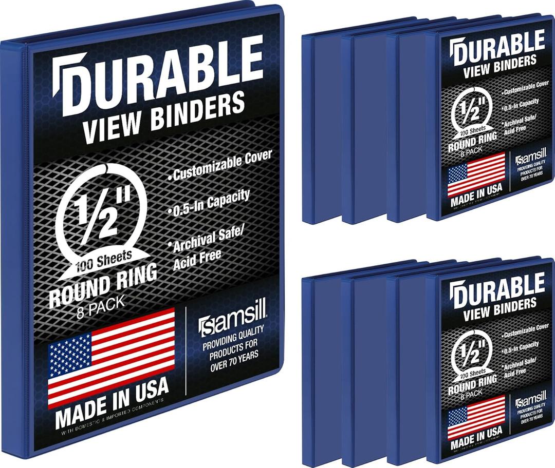 Samsill 8 Pack Durable 0.5 Inch 3 Ring Binders, Round Ring, Clear View Cover for Presentations, Black