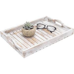 MyGift Shabby Chic Whitewashed Wood Breakfast Serving Tray with Cutout Handles with Slatted Design, Breakfast Ottoman Coffee Table Tray, 16 x 11 Inches