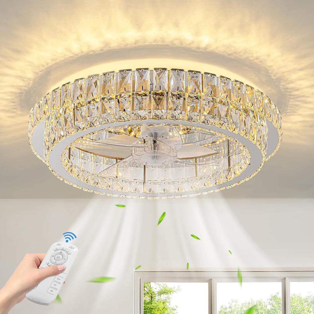 Fandelier Ceiling Fan with Lights and Remote Control Dimmable Crystal Ceiling Fan LED 3 Color 6 Speeds Chandelier Fan Bedroom Kitchen Living Room (Chrome 2)