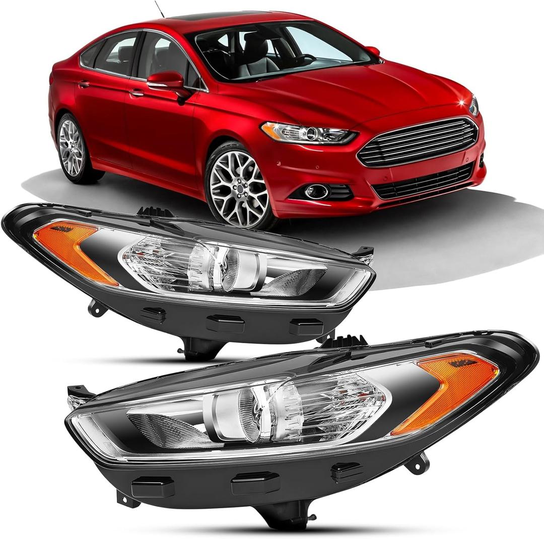 Headlights Assembly Compatible with 2013-2016 FORD FUSION 2th Gen Pre-Facelift,Projector Headlamp OEM Replacement,1x Pair 2013 2014 2015 2016 Driver and Passenger Side OE Style (Chrome)