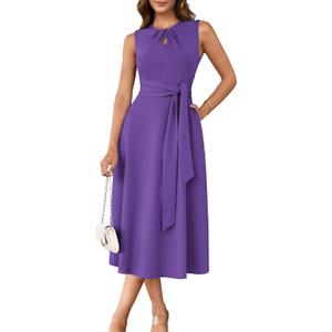 GRACE KARIN Women 2025 Summer Work Dress Sleeveless Tie Waist Elegant Party Cocktail A Line Flowy Midi Dresses with Pockets (Purple)