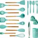 Cooking Utensils Set, 18pcs Kitchen Silicone Utensils, Heat Resistant Non Toxic & BPA-Free with Holder & Wooden Handle, Home Essential Accessories, Teal(Turquoise), Medium