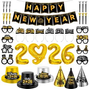 New Years Eve Party Supplies 2026 - 40PCS Happy New Years Decorations for 12 Guests Includes Banner,Gold 2026 Balloon,Hats,Tiaras and Squawkers for Nye 2026 Celebrations