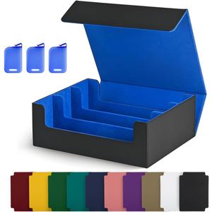Trading Card Storage Box, Holds 1800 Sleeved Cards with 10 Dividers & 3 Stoppers, Magnetic Closure PU Leather Card Case for MTG, PTCG, YGO, Sports Cards (Black&Blue)