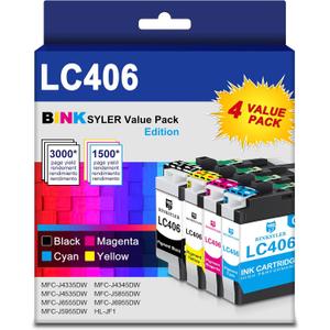 LC406 BK/C/M/Y Ink Cartridges High Yield for Brother MFC-J4335DW MFC-J4535DW MFC-J5855DW MFC-J6555DW MFC-J6955DW Printer 4-Pack