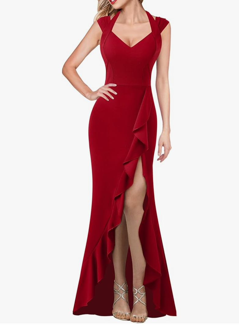 VFSHOW Womens V Halter Neck Celebrity Ruffle High Split Formal Evening Gown Wedding Prom Maxi Dress, XXL