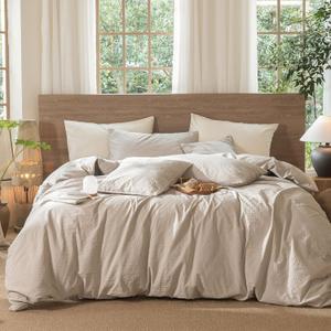 MooMee Wavy Striped Duvet Cover Set 100% Washed Cotton Linen Like Textured Breathable Durable Soft Comfy (Beige, Queen 90"x90")